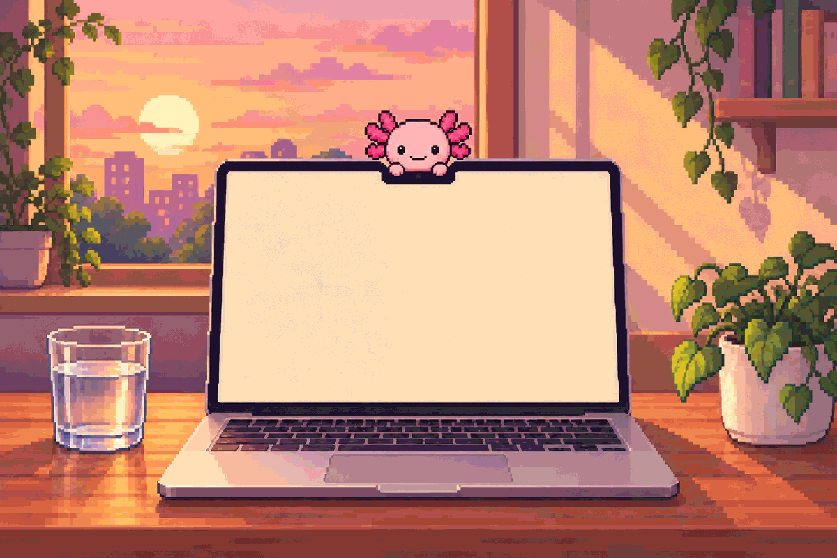 Pixel art of a laptop on a desk at sunset. Axo, a pink axolotl, peeks out of the notch at the top of the screen.